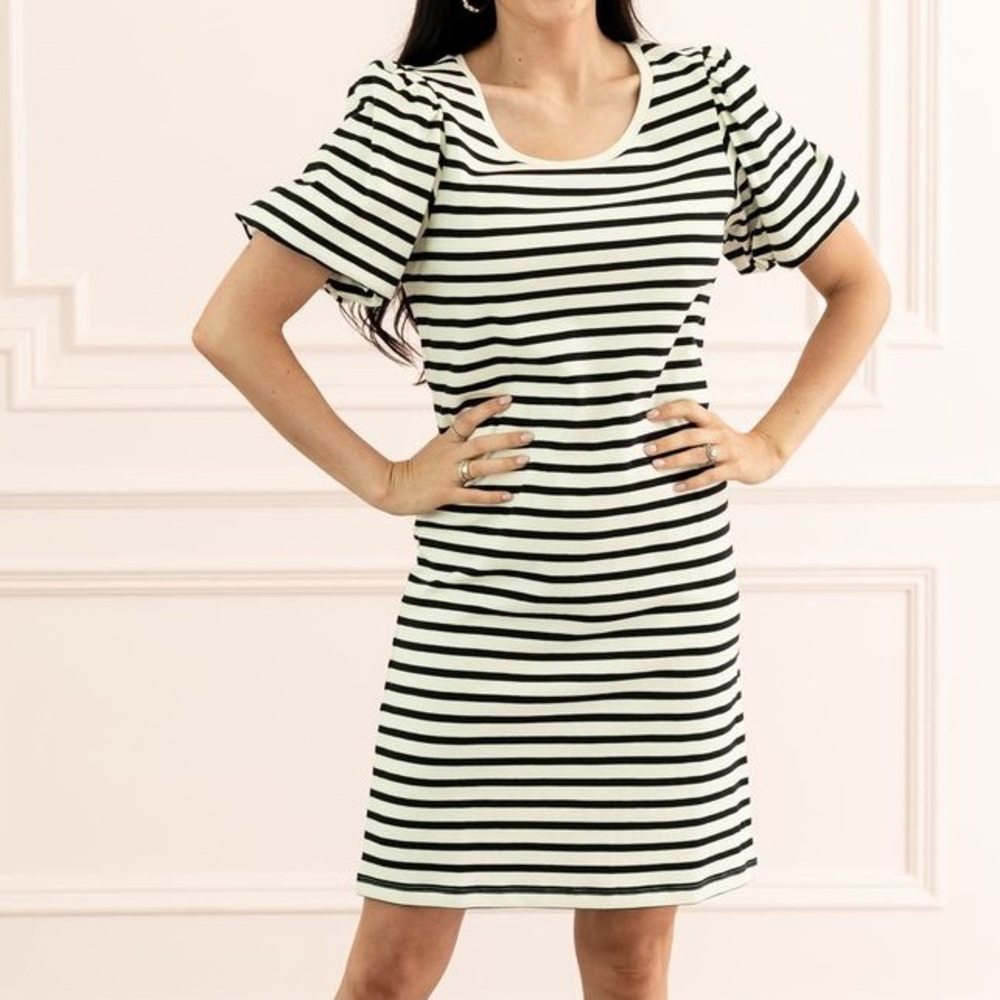 Rachel Parcell Dress Bubble Sleeve Striped Shift Shirt Dress Women Black White